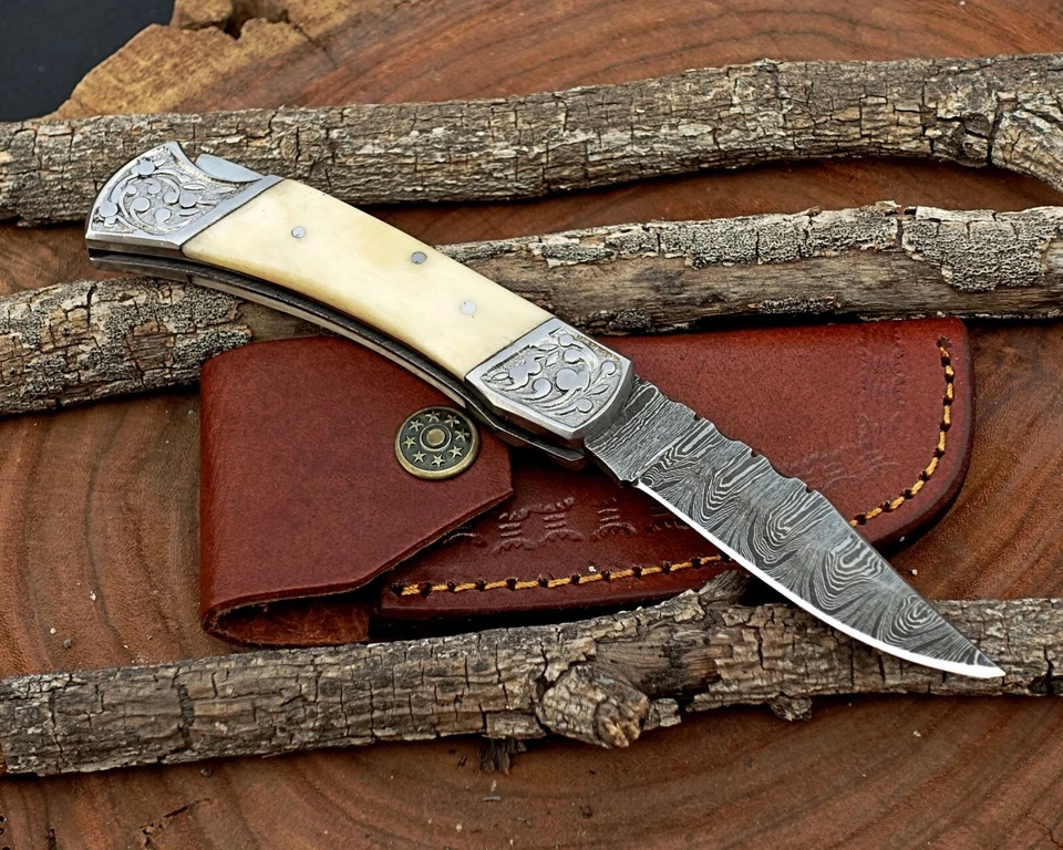Cuchillo de bolsillo plegable con bloqueo trasero hecho a mano Damasco camping caza cuchillo bolsa Foto 4 de 4