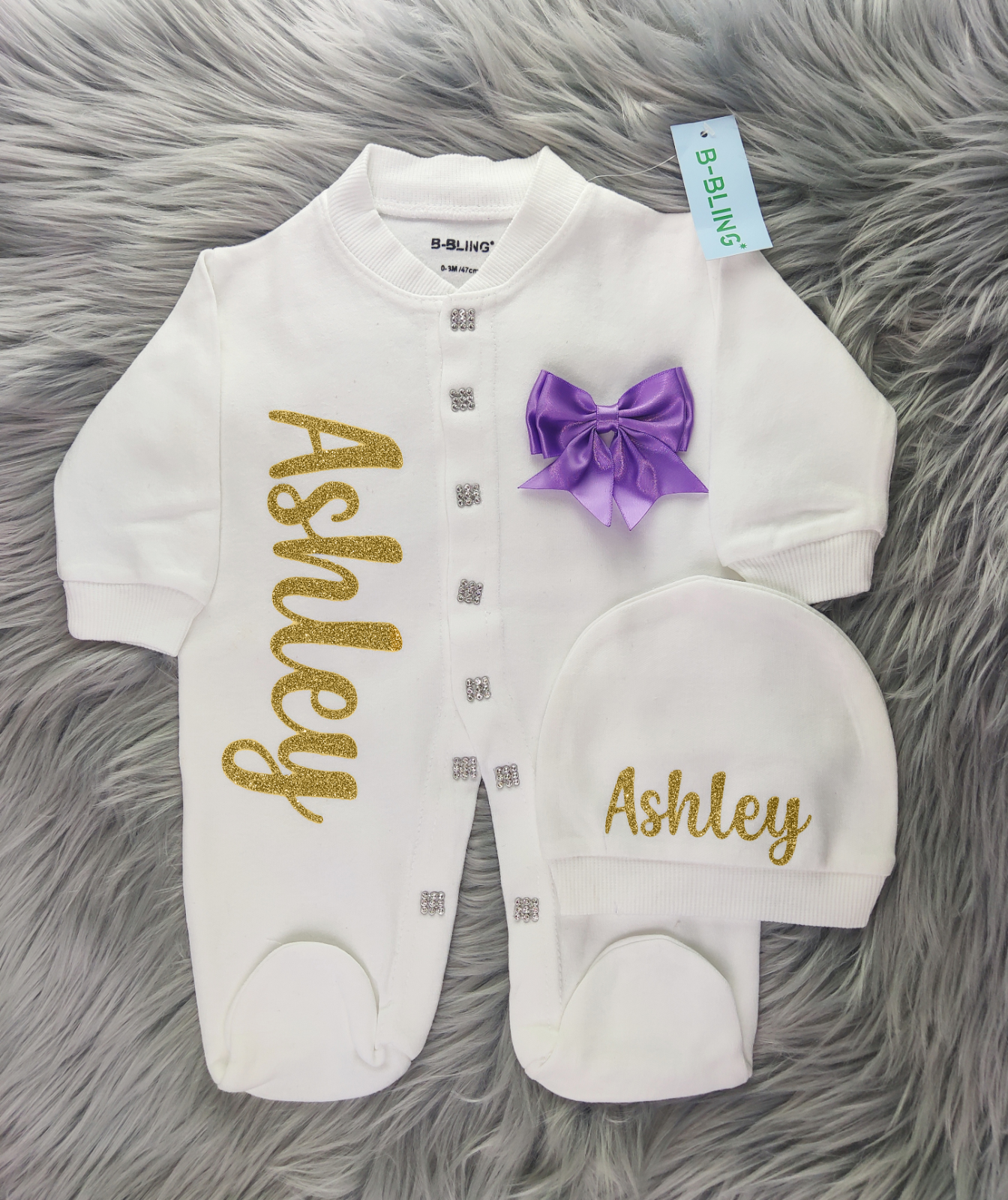 Personalised Romper set with caps and mittens with baby Vinyl names on  clothes-image