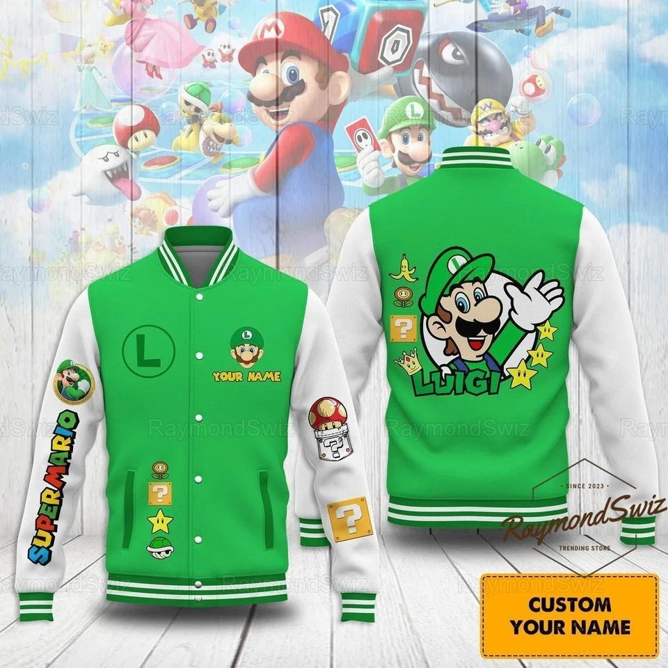 Luigi Baseball Jacket, Super Mario Baseball Jacket, Custom Luigi Jacket