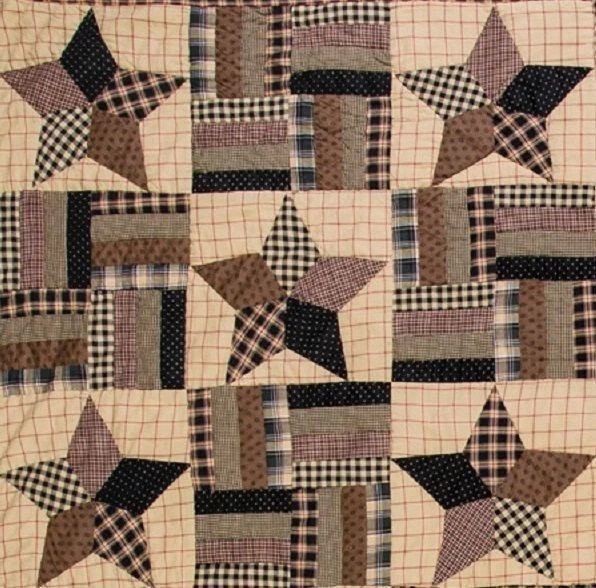 Edredón Bingham Star King cosido a mano negro y tostado Country Strip bloque retazos Foto 4 de 4