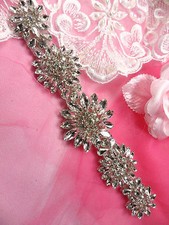 JB176 Crystal Rhinestone Floral Applique Silver Patch DIY Bridal SASH 8"