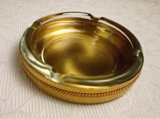  Vintage Clear Glass Cigar Ashtray Gold Metal Stand Braided Rope 6" MANCAVE MCM