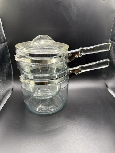 Vintage Pyrex Glass Double Boiler 6763 Flameware Clear Stove Top Cookware 3 PC