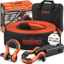 Heavy Duty Tow Strap Recovery 3" x 30' - 35000 LBS Strength Hooks & Shackles