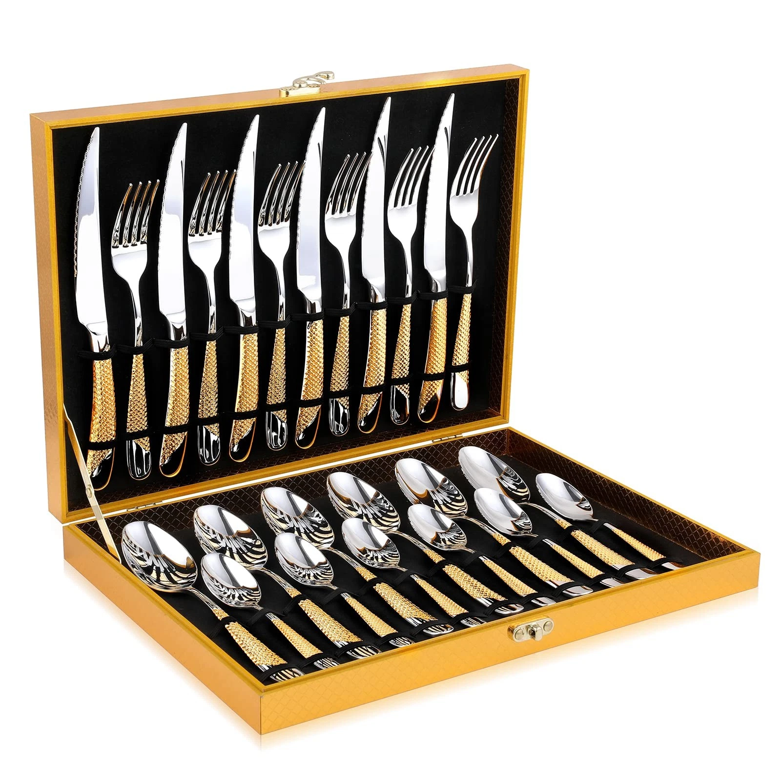 Hammered Silver Gold Silverware Set, 24-Piece, | 24pcs