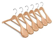 6 Pack Wide Shoulder Wooden Suit Coat Hangers with Non Slip Pants Bar, Natural
