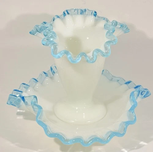 Milk glass vase and bowl with aqua blue ruffled edges by Fenton Glass