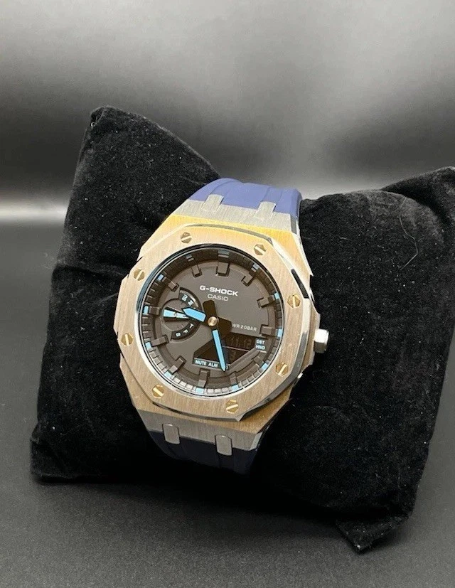Custom G-Shock GA-2100 Blue Watch with Metal Case and Rubber Strap - Image 3 of 4