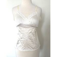 VTG Deena Made in USA Nylon Camisole White Lace Trim V-Neck Minimal Coquette 34