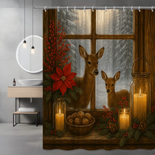 Rustic Christmas Shower Curtain with Deer and Poinsettia Design