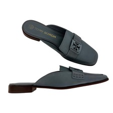 Tory Burch Georgia Leather Loafer Backless Mules in Light Blue Gray Logo 9.5 M