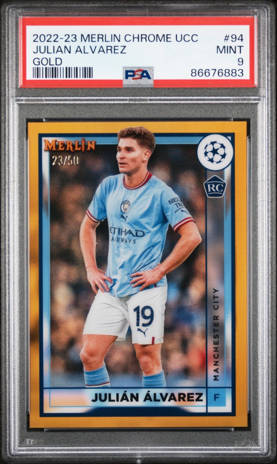 2022-23 TOPPS MERLIN CHROME UCC JULIAN ALVAREZ RC GOLD REFRACTOR /50 PSA 9