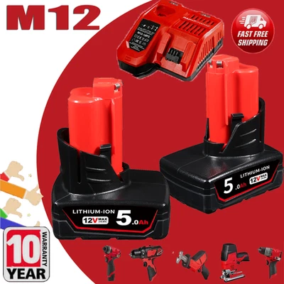 MARKENLOS 2X Für Milwaukee 5.0Ah M12B6 M12 AKKU 12V Li-ion XC M12B5 48-11-2460 / Ladegerät
