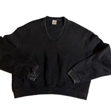Womens Black V-Neck Fleece Pullover Sweatshirt Long Sleeve Size L