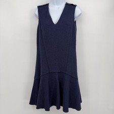 Ann Taylor Petite Dress Womens 6P Navy Wool Blend V-Neck Drop Waist Flounce