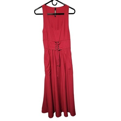 Tracy Reese Red Lace Up Corset Waist Midi Dress Women's Vacation Travel Beach