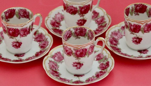 Haviland Limoges Drop Rose Chocolate Cup  & Saucer Set - Deep Pink Roses Schl 55