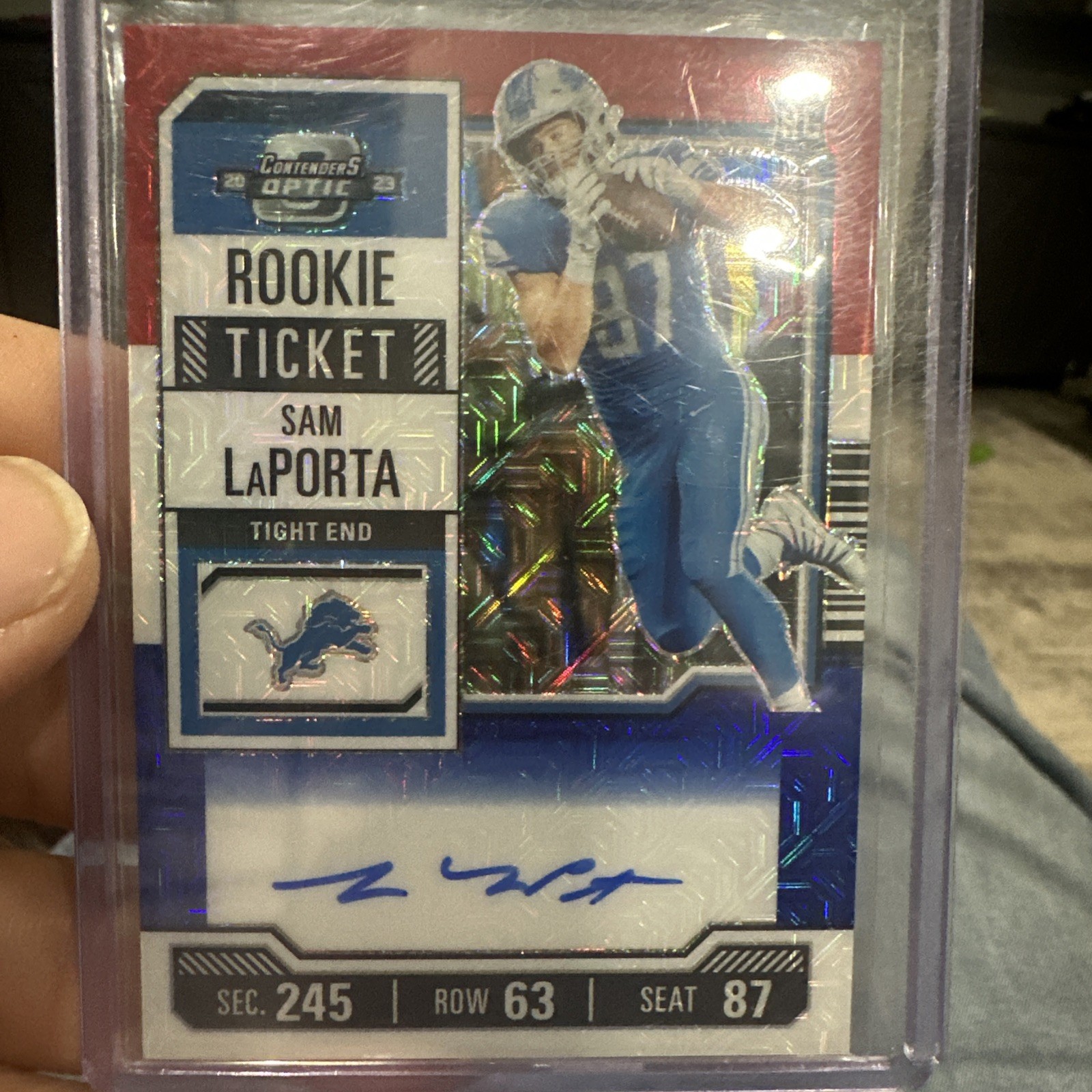 Sam LaPorta 2023 Contenders Optic Red/White/Blue Prizm Autograph SSP /13 On-card