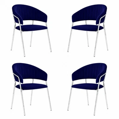 Chaises Salle à Manger Set de 4 Aurelia Velours Bleu Nuit Jambes Fer Chromé - Photo 1/4