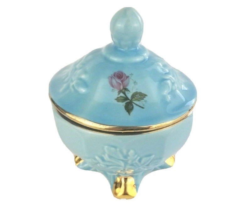 House of Fuller Porcelain Blue Trinket Dresser Dish Powder Jar Vintage