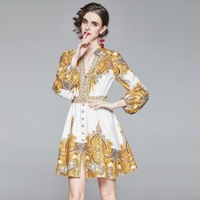 Women's V Neck Lantern Sleeve A-Line Dress Vintage Waist Long Sleeve Casual Dres