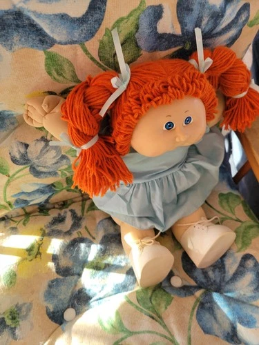 Vintage 1985 Cabbage Patch White Girl Doll w Red Hair. CP Blue Dress Shoes. OK