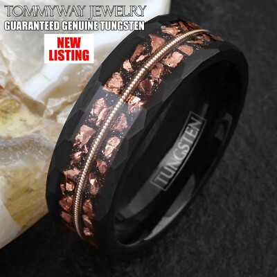 8mm Black Tungsten Carbide w/ Faux Copper Meteorite Guitar String Band Ring