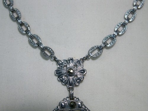 ...Art Deco Silver Tone, Marcasites, Crystal Pendant Necklace... - Picture 9 of 15