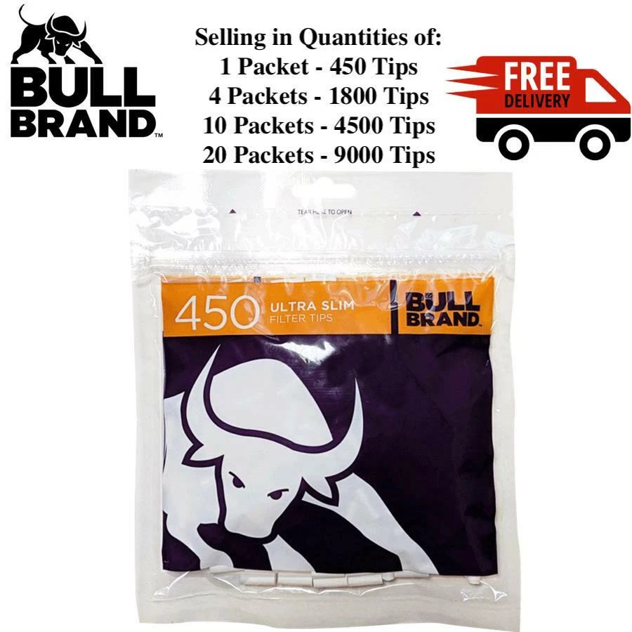 NEW Bull Brand Ultra Slim 5.3mm Filter Tips 450 Tips a bag Resealable 1 4 10 20