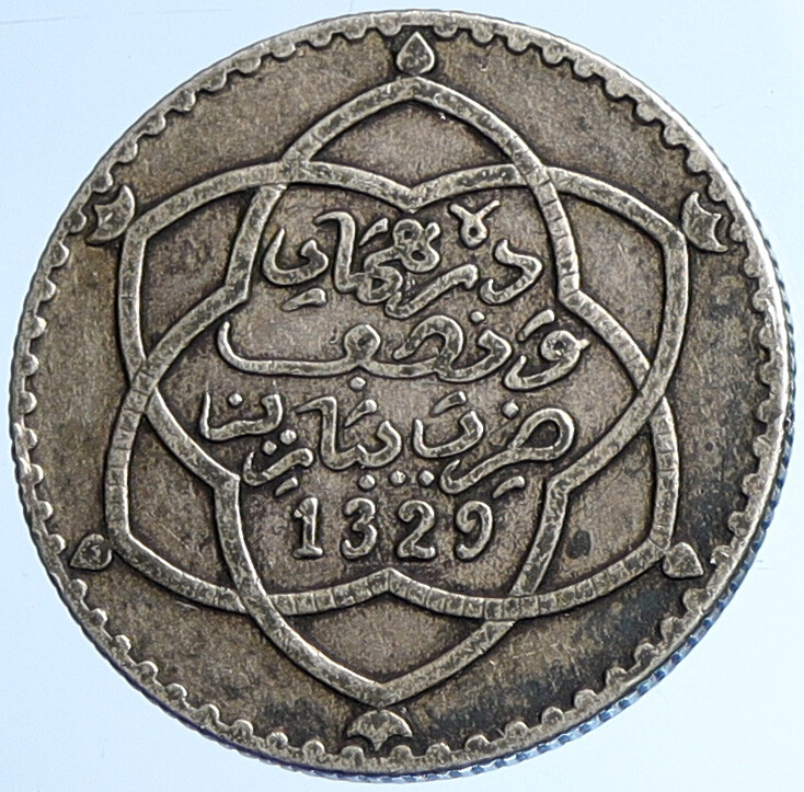 1911 or 1329 AH MOROCCO Abd al-Hafid OLD ANTIQUE Silver 1/4 Rial