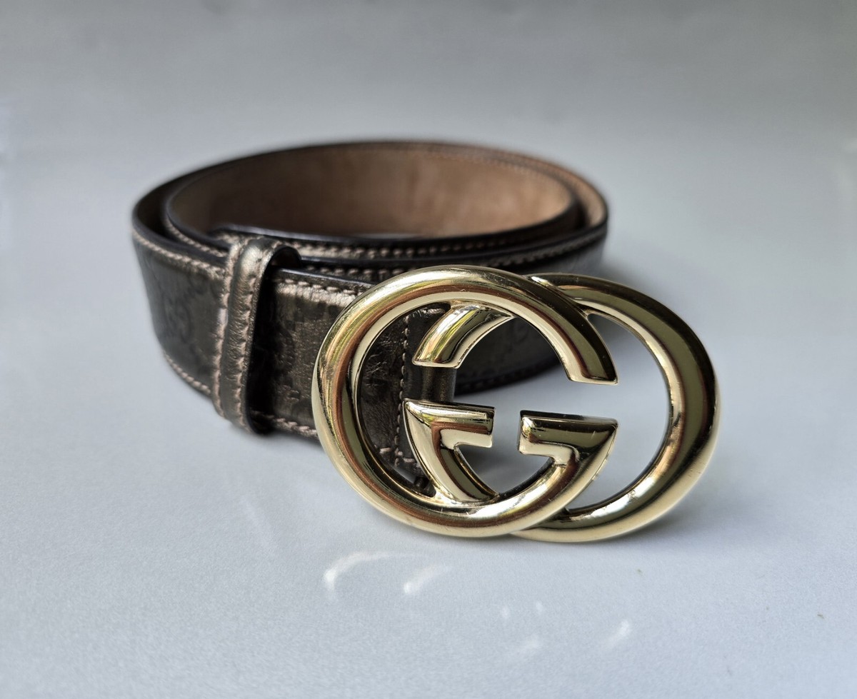 Gucci Belt Gold GG Buckle 85 34 Pewter Gray Brown Metallic