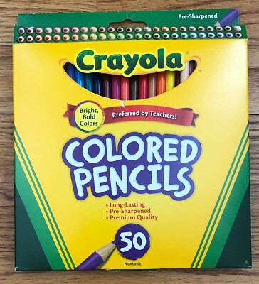 Crayola Colored Pencils, Assorted, Set of 50, Pre-sharpened, 1 box slightly torn
