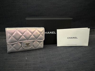 Chanel 21K Light BLUE Iridescent FLAP Card Holder Case Wallet