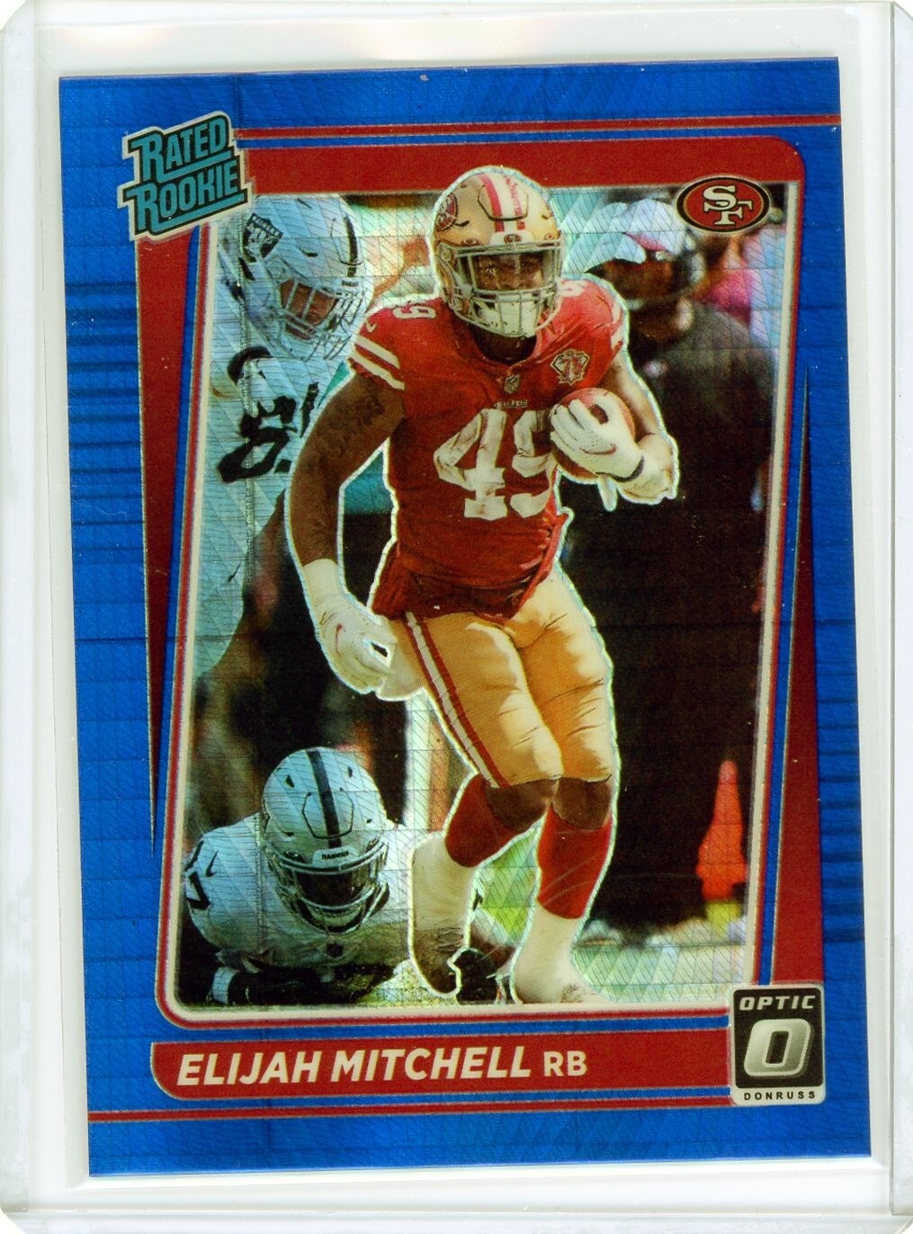 2021 Panini Donruss Optic Elijah Mitchell Blue Hyper Prizm RC #291 49ers