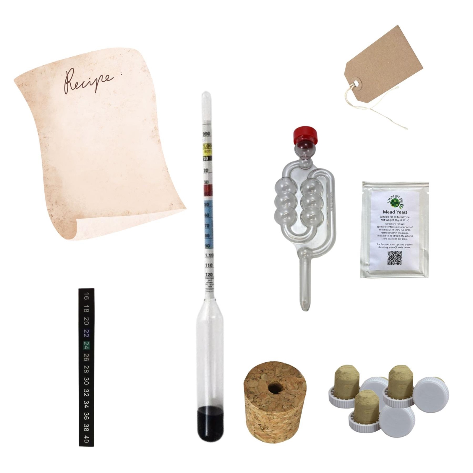 Mini Mead Making Equipment Kit incl Airlock, Bung, Yeast, Corks, Thermometer