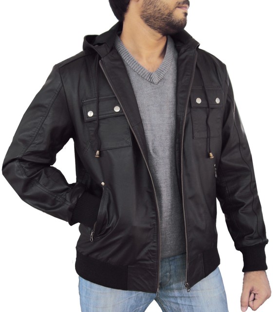 Men's KOKO Real Lambskin Leather Bomber Fixed Hoodie Coat | eBay