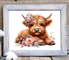 Cow Wall Art Print, Cute Cow With Pink Flowers Wall Art Print, Farmhouse Decor