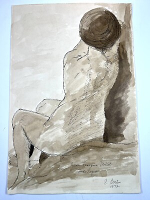 Vtg Fine Art Watercolor Ink Painting Minimalist Naked Women Showing Back 18x12 