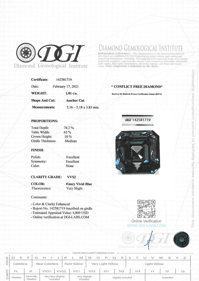 Asscher Shape Diamond Loose Fancy Blue Color Certified Enhanced 1.01 Carat VVS2 - Image 3 of 4