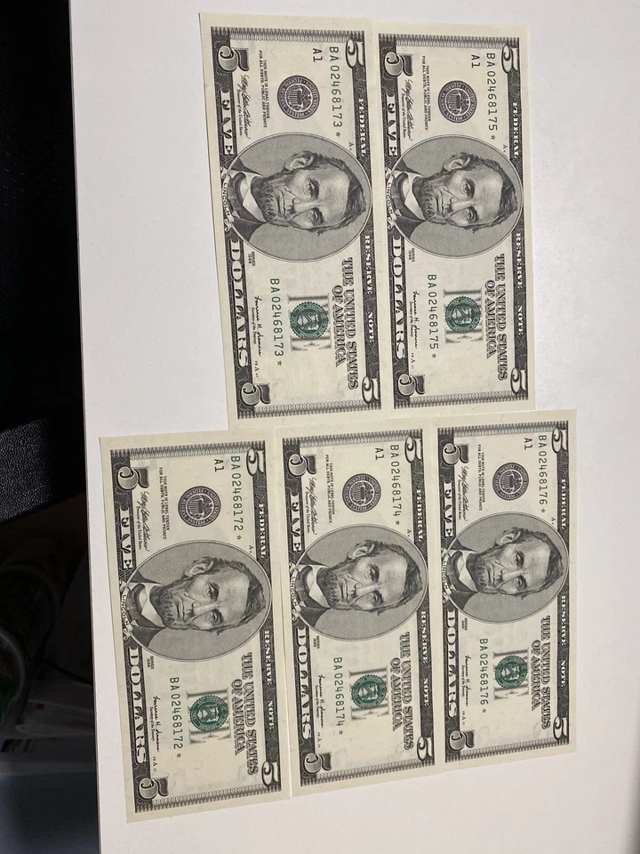 Error 5 of consecutive 1999 $5 Dollar Mix Laddar 01234678/5 STAR NOTE UNC Rare！ - Image 2 of 3