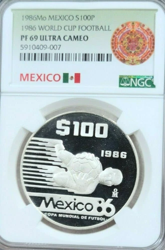 1986 MEXICO SILVER 100 PESOS WORLD CUP FOOTBALL NGC PF 69 ULTRA CAMEO TOP POP