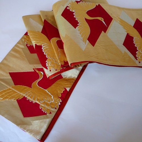 Japanese Vintage Kimono Belt Fukuro Obi Crane Pattern (Tsurubishi) - Picture 3 of 6