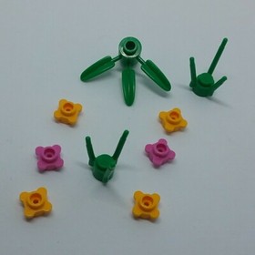LEGO 1x1x1 2/3 Green Bamboo w/ 3 Leaves Dk Green 3 Stems 6 Flower Purple Orange 