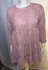 On Blue Pink Floral Embroidered Tiered Dress 3/4 sleeve Boho Womens Large Ruffle