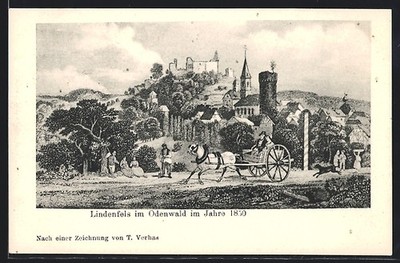 Künstler-AK Lindenfels / Odenwald, Stadtblick im Jahre 1850 