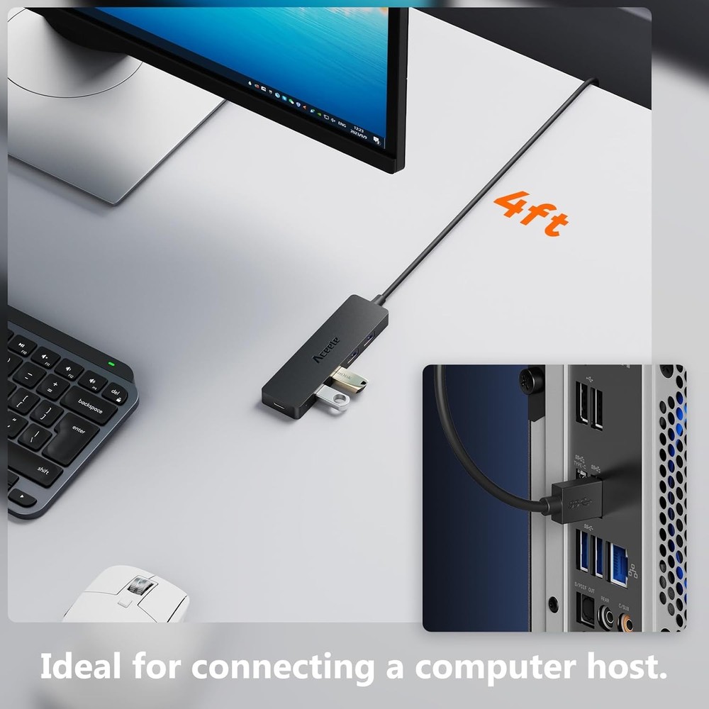 Aceele 4-Port USB 3.0 Hub with 4ft Extension Cable 4A Power Adapter Black 3-120cm