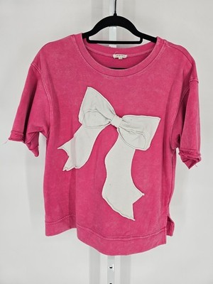 Jodifil Womens Sz S Short Sleeve Crew Neck Sweatshirt Pink Big White Bow