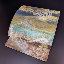 Japanese Kimono H-339 Fukuro Obi Belt Pure Silk Gold Thread Silver Landscape