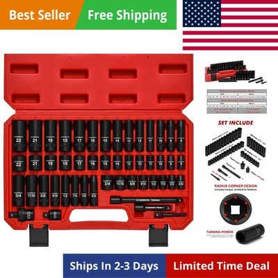 3/8'' Drive Impact Socket Set, 49 Piece Standard SAE and Metric Sizes 5/16-Inc...