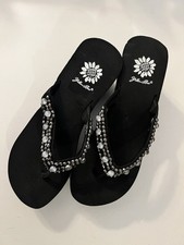 Yellow Box Black Thong Wedge Flip Flop Sandals 8.5